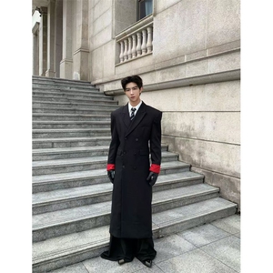 黑红撞色长款垫肩收腰大衣外套Y960-西装风衣P118  毛呢大衣P125图片