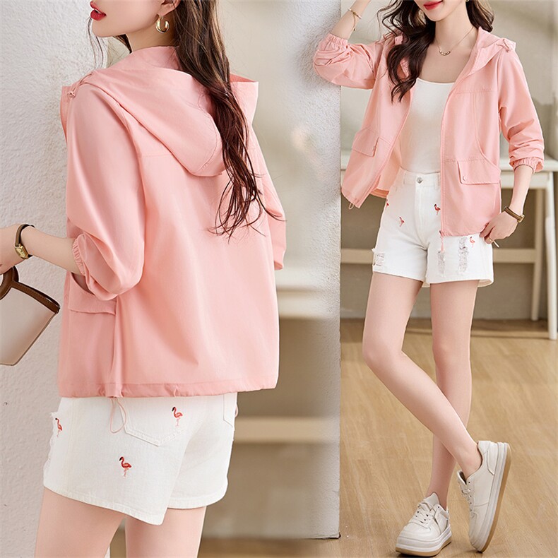 夏季轻薄透气连帽防晒衣女2025新款宽松时尚百搭短款户外速干外套，女装防晒衣，沐七七