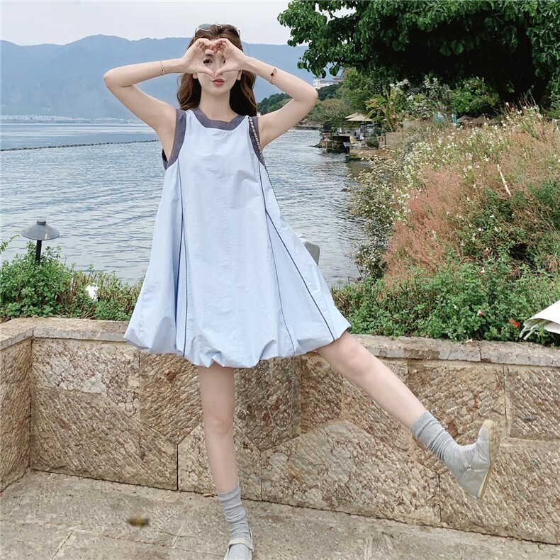 【现货】2026夏季蓝色减龄无袖撞色显瘦花苞连衣裙P135-K200,女装连衣裙,网红馆