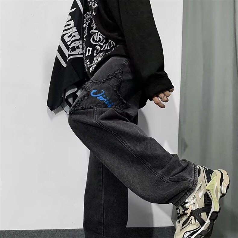 美式宽松牛仔裤男hiphop潮牌高街五角星长裤休闲裤子秋季N9613-P4,男装牛仔裤,星座1008