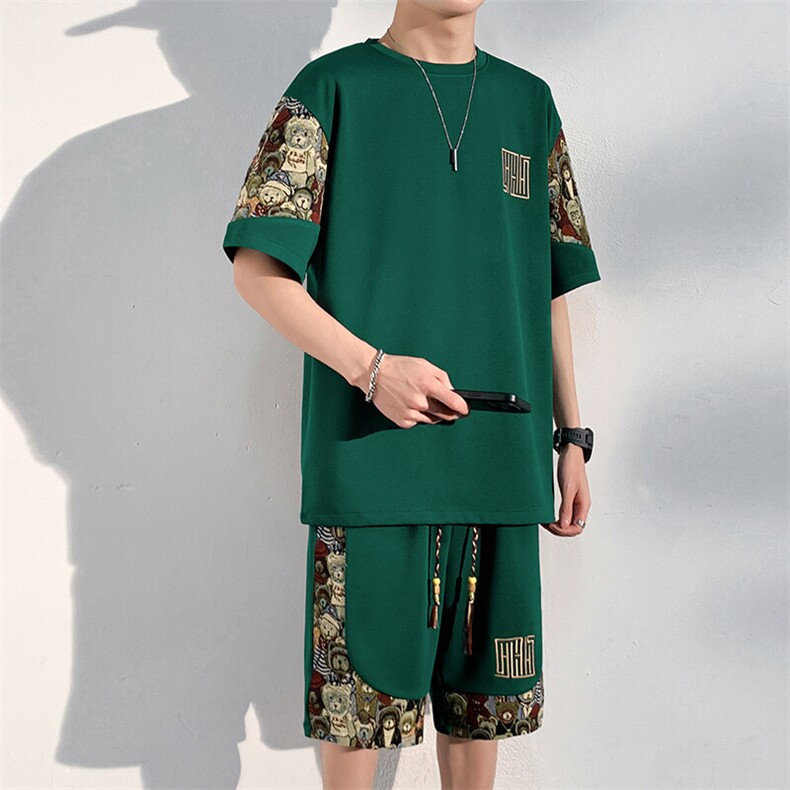 夏季菠萝格休闲运动套装男刺绣T恤短裤两件套潮A266-TZ8808-P50图片