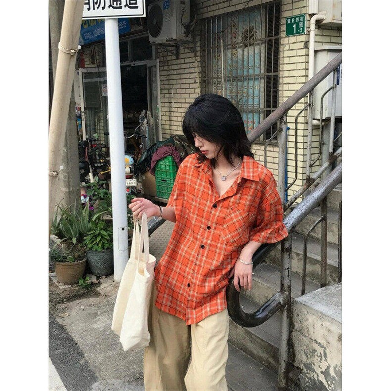 美式复古格纹短袖衬衫男女宽松百搭休闲高街情侣衬衣L52622-P31,男装T恤,星座1008