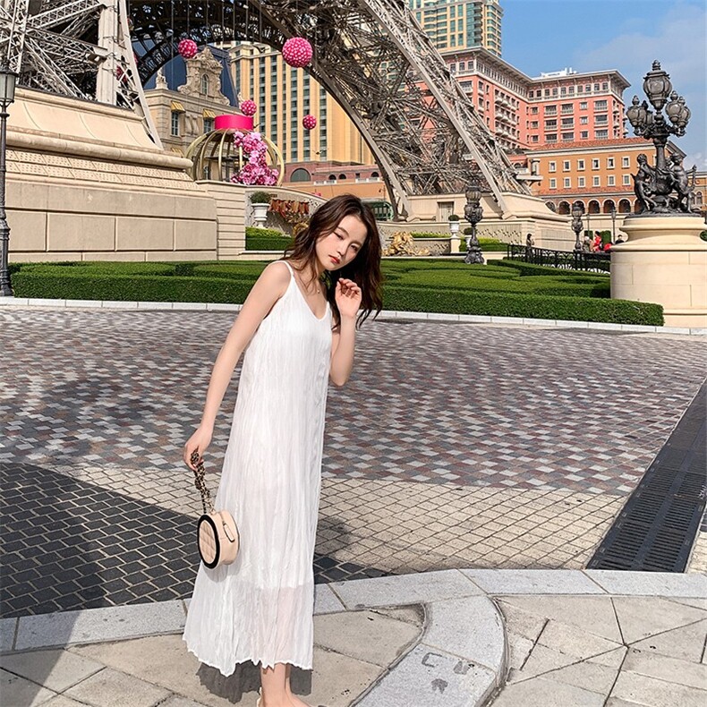 现货2022夏季新款打底褶皱中长款吊带裙仙女裙-A1810-P55K99,女装背心吊带,浙宝305