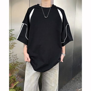 8XL-M 美式小众高级感拼接短袖T恤男夏简约百搭宽松纯棉上衣DX336图片