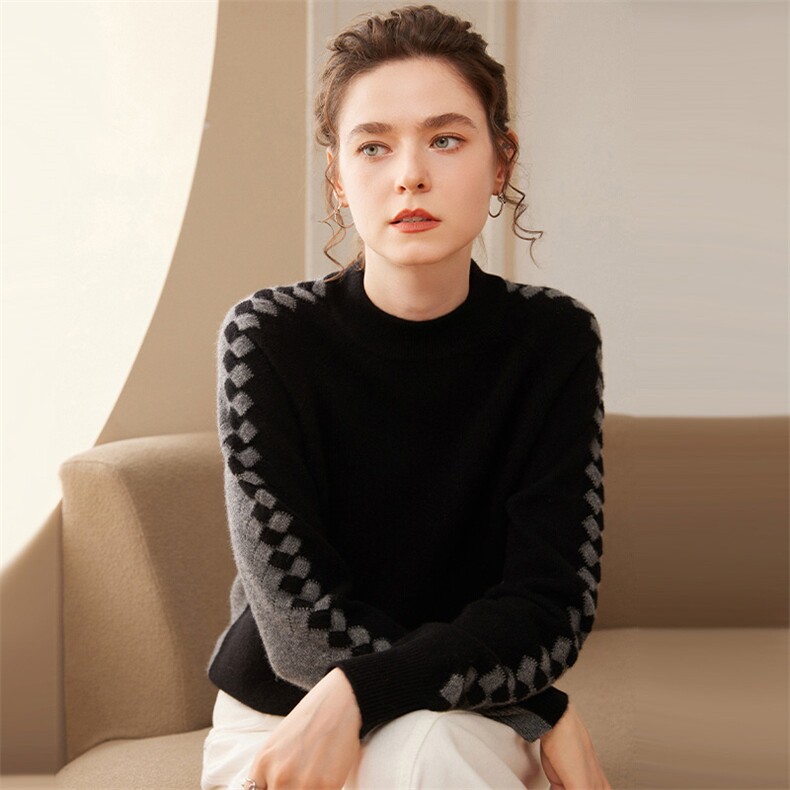 元宝针前后撞色套衫秋冬季新款女时尚百搭35%羊绒衫,女装羊绒衫,尚品绒