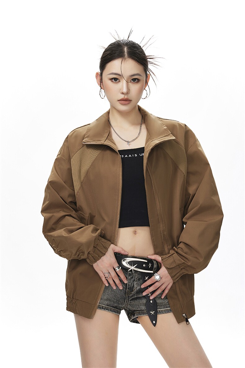 美式罗纹拼接袖子褶皱大码M-5XL教练夹克女JK78056P69控105,女装短外套,星座226-1