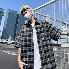 港风夏季格子短袖衬衫男装宽松文艺韩版衬衣外套上衣CY888-P43，男装衬衫，星座412-3