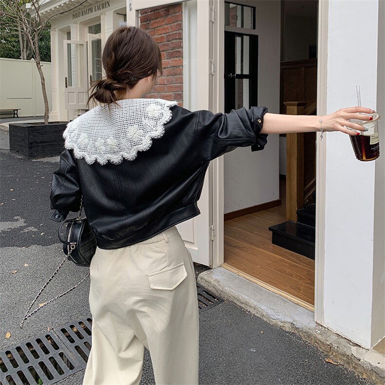蕾丝拼接娃娃领皮衣外套女2025秋季新款韩系设计感小众休闲短夹克,女装皮衣,2C098