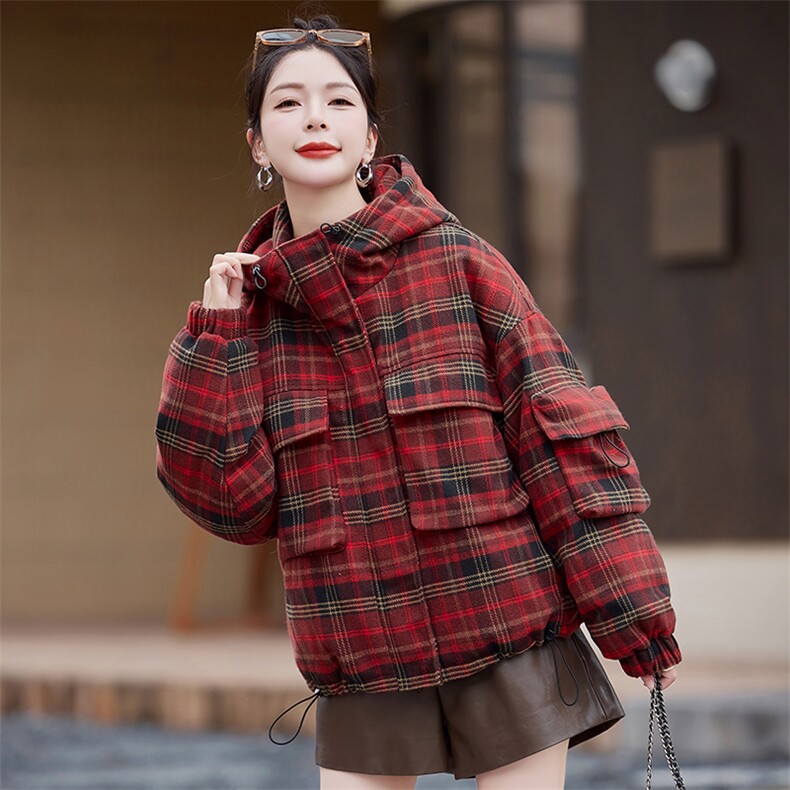连帽羽绒服女冬季新款2025格子法式气质显瘦设计感时尚减龄外套潮,女装毛呢外套,水衣源
