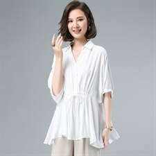 2021夏季新款时尚气质翻领腰部抽绳褶皱工艺不规则下摆休闲上衣，女装衬衫，奕阳依阁