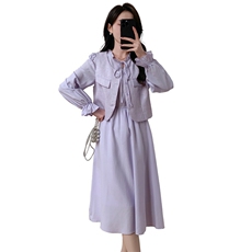 2024春季新款圆领木耳边温柔风两件套连衣裙，女装套装/套裙，超帛