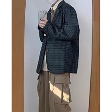 春秋复古细格纹西服男生宽松休闲小众设计小西装上衣外套XB18，男装西服套装，星座1116A（原606A-3）