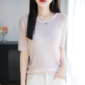 2025夏季新款圆领纯色羊毛针织衫女短袖百搭气质女上衣DMR-573图片