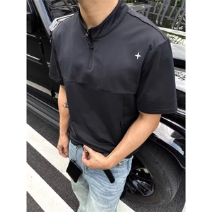 男装极简星标系列户外速干防晒凉感半拉链剪裁拼接短袖T恤男图片