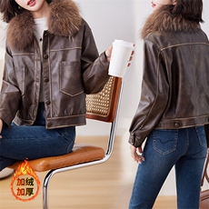 皮衣外套女短款小个子2024秋冬新款洋气百搭加绒加厚真毛领皮棉衣，女装皮衣，潮流依族