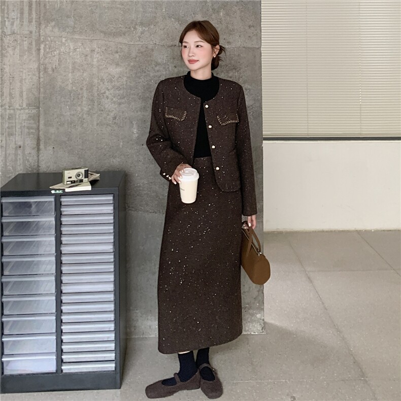 现货-高级感时尚套装2025年秋冬新款加厚夹棉气质两件套套装女,女装套装/套裙,霓裳依族