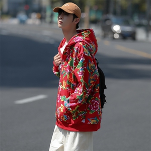 A203秋冬加绒加厚保暖连帽开衫卫衣东北大花风民族特色大码潮图片