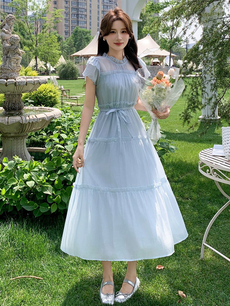 连衣裙女马卡龙色粉蓝黄2025夏季新款冰丝雪纺高级感减龄裙子,女装连衣裙,玖莱伊