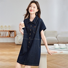 深蓝色休闲牛仔连衣裙女2025夏季新款小个子宽松翻领短袖衬衫裙子，商品下架区，魅家