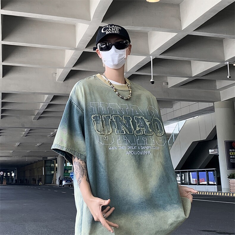 C435-P48夏季新款高级感短袖t恤男美式复古潮牌宽松百搭上衣现货,男装T恤,星座512-6