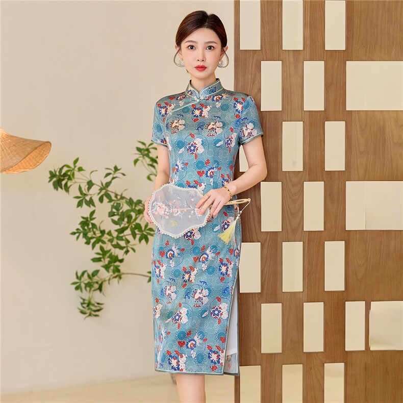 杭州品质真丝长裙复古印花连衣裙女春夏日常修身潮流真丝旗袍,女装汉服/婚纱/旗袍/礼服,小荷流