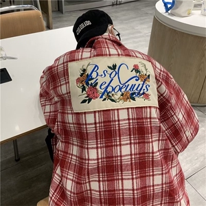 潮夹克男格子帅拼接刺绣花花文艺2025秋冬新款ins衬衫W5213-P60图片