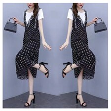 法式小裙子夏季2021年大码女装新款圆领蕾丝拼接波点减龄显瘦长裙，女装连衣裙，潮品会