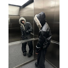 网图有货黑色连帽狼王座山雕皮衣外套棉服男女棉衣A1114-P155，男装皮衣，星座1505