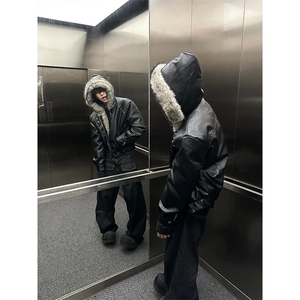 网图有货 黑色连帽狼王座山雕皮衣外套棉服男女棉衣 A1114-P155图片