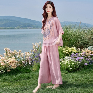 时尚印花棉麻阔腿裤套装女2025夏季新款气质松弛感穿搭麻料两件套图片