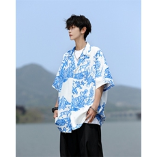 8XL-M天丝亚麻清爽晕染古巴领短袖衬衫男半截袖冰丝衬衣CS525P58，男装T恤，电商D206-1