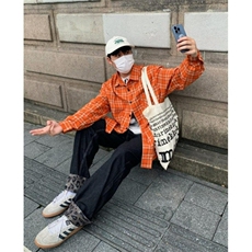 美式橘色格纹长袖衬衫男宽松休闲百搭情侣防晒衬衣外套CY1215-P32，男装防晒衣，星座412-1