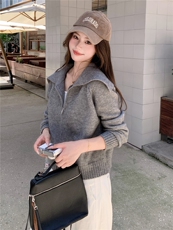 慵懒风双拉链海军领针织开衫女秋冬新款韩系宽松减龄短款毛衣外套，女装针织衫/毛衣，水衣源