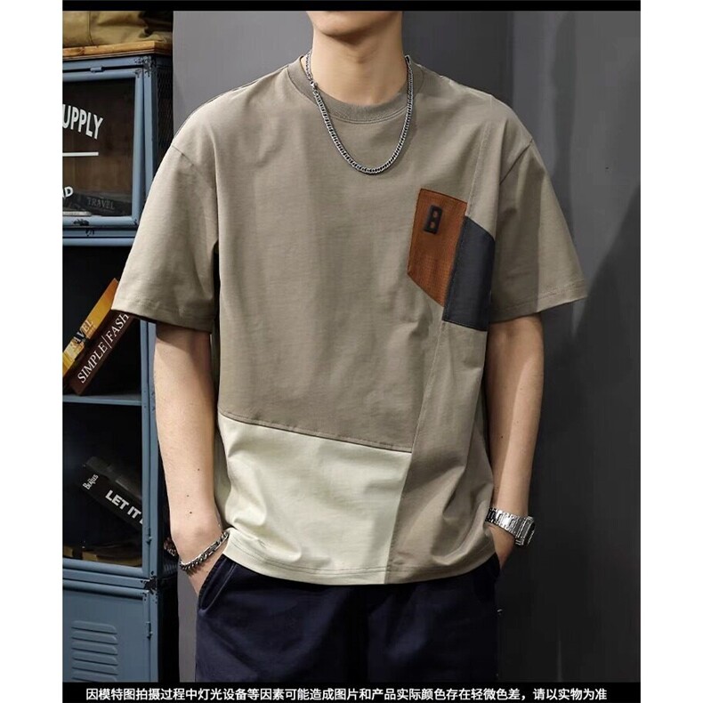 网络图现货夏季港风设计感拼色气质休闲纯棉短袖T恤JD823-P45,男装T恤,星座715-7