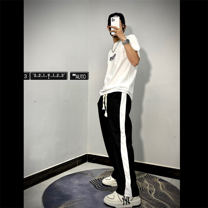 条纹暗拉链直筒休闲裤潮牌夏季薄款运动卫裤宽松阔腿JXK96-P38，男装休闲裤，星座1109-3