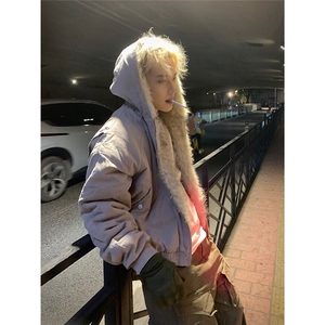 青少年美式复古小众设计感毛领连帽棉服棉衣男女短款冬季外套ins图片