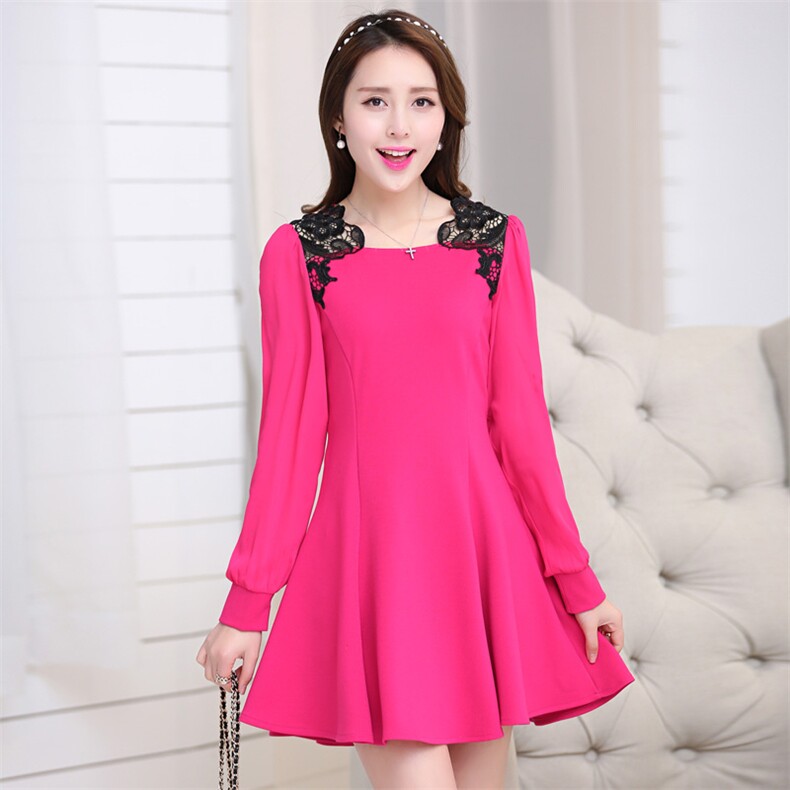 时尚显瘦蕾丝拼接长袖连衣裙优雅气质修身A字裙，女装连衣裙，蓝诺裳