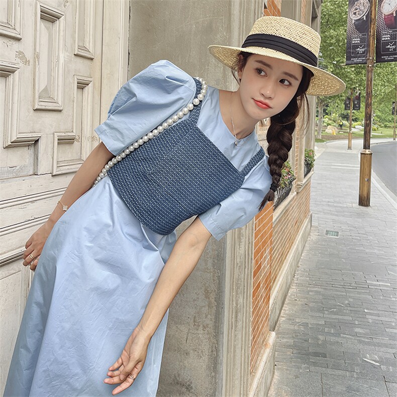法式复古气质泡泡袖连衣裙套装女2025夏季新款显瘦背带马甲两件套,女装连衣裙,韩蜜菓