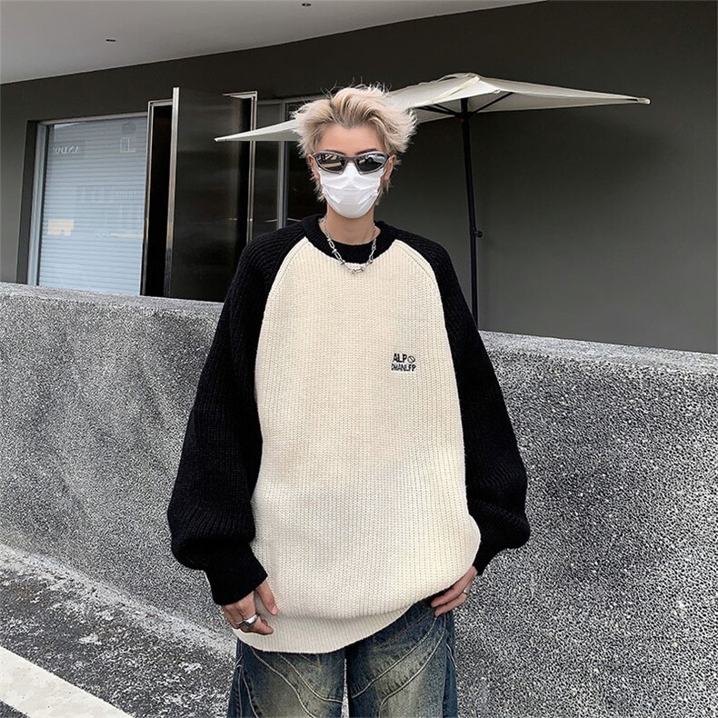 B199-P45秋冬潮牌学院风圆领针织衫美式复古插肩袖撞色毛衣男,男装针织衫/毛衣,星座512-6