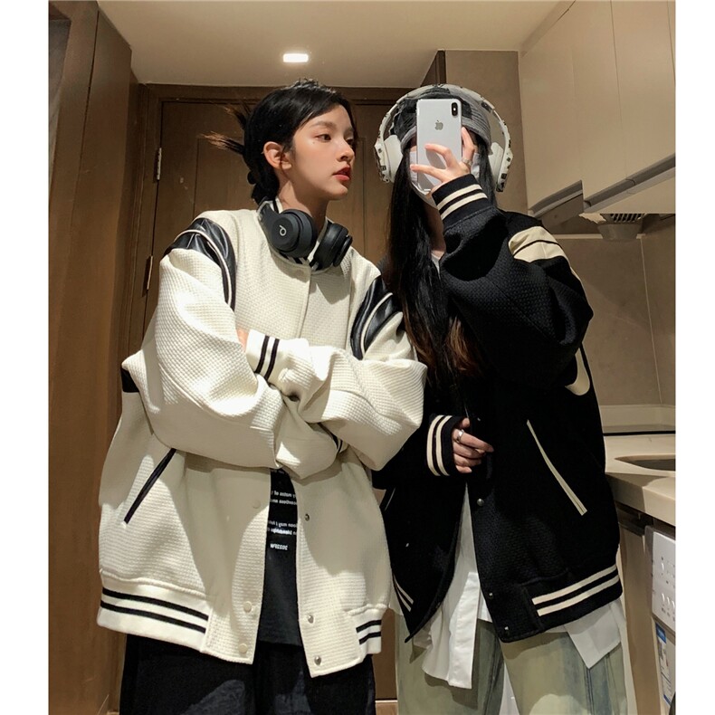 主推中性小香风棒球服撞色拼接PU皮外套复古夹克男女H873P108,男装夹克,电商A341