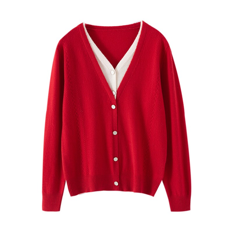 秋冬季羊绒假两件设计感中分扣开衫，女装羊绒衫，恒爱羊绒