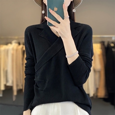 春秋精纺羊毛衫西装领女长袖套头毛衣宽松显瘦羊绒薄款针织打底衫，女装羊毛衫，总能电商供货
