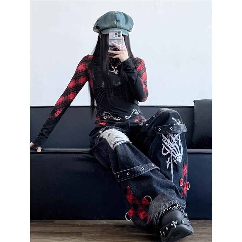 小众复古破洞牛仔裤男女宽松新款设计感做旧水洗显瘦拖地裤-网图,女装牛仔裤,星座302B-2