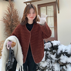 安可拉红羊羔毛外套女冬2024新款高级感宽松小个子两面穿保暖棉服，女装短外套，2C029