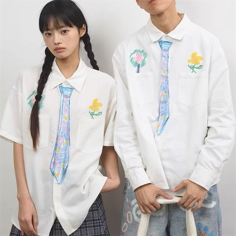美式复古创意设计感蜡笔手绘领带衬衫趣味学院风涂鸦衬衣男女,男装衬衫,星座1210-1