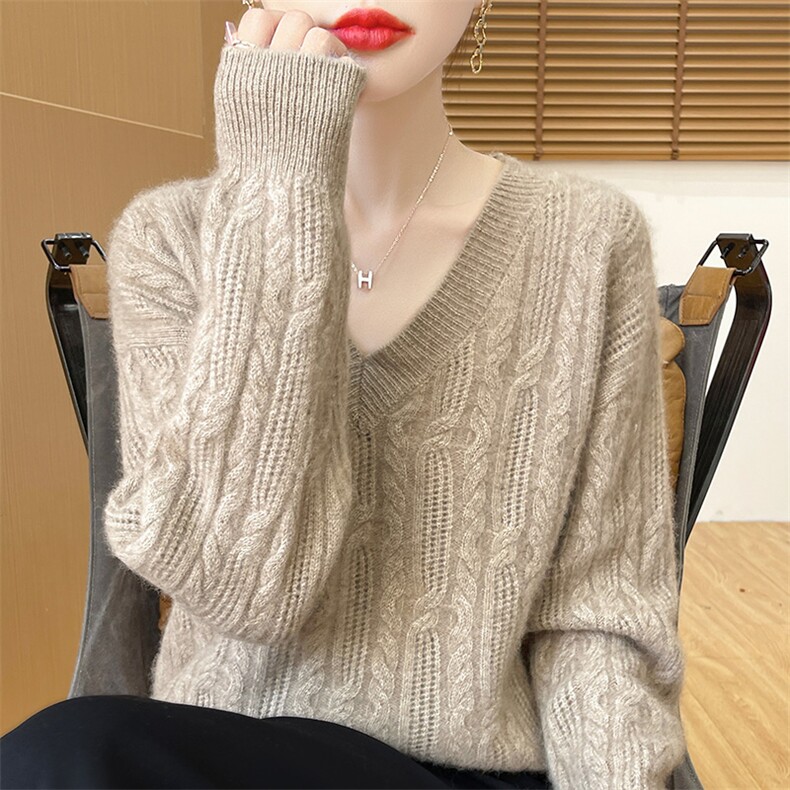 宽松慵懒风100%纯羊毛衫女圆领绞花加厚毛衣复古花纱羊绒打底上衣,女装羊毛衫,吉高羊绒