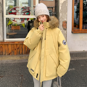 CC929-P130秋冬户外工装毛领棉服大码女绿色棉衣连帽防风派克外套图片