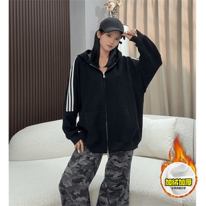 480G重磅加绒硬挺boxy男女秋冬美式高街结构三条杠卫衣开衫厚外套图片