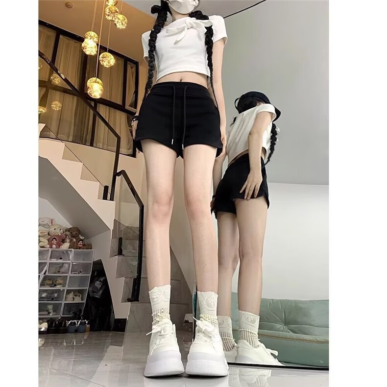 气质辣妹新款抽绳休闲短裤女装夏季松紧腰开叉直筒裤外穿纯色时尚,男装牛仔裤,星座1210-1