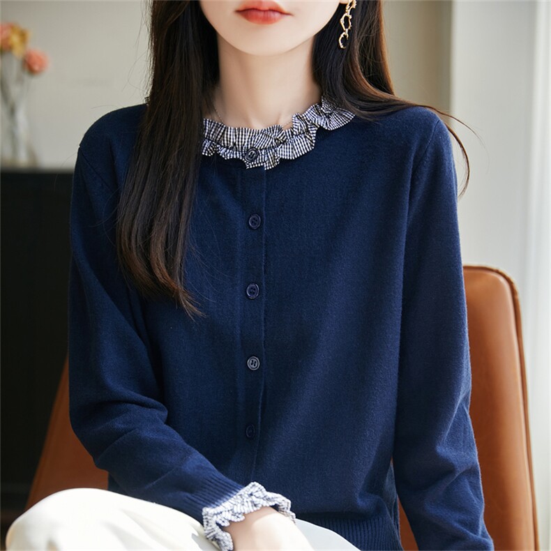 法式温柔格纹木耳花边针织开衫女2025新设计感宽松毛衣短外套上衣,针织衫/毛衣,菲奥羊绒
